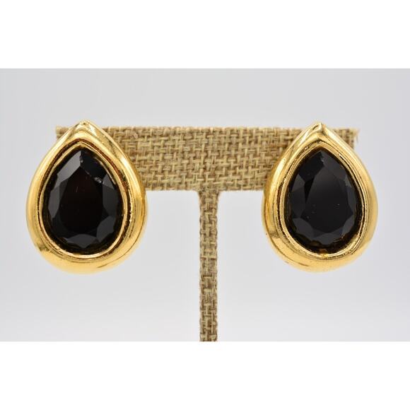 Givenchy Vintage Crystal Clip On Earrings Gold Black Teardrop Signed 1980s BinAI - Picture 1 of 12